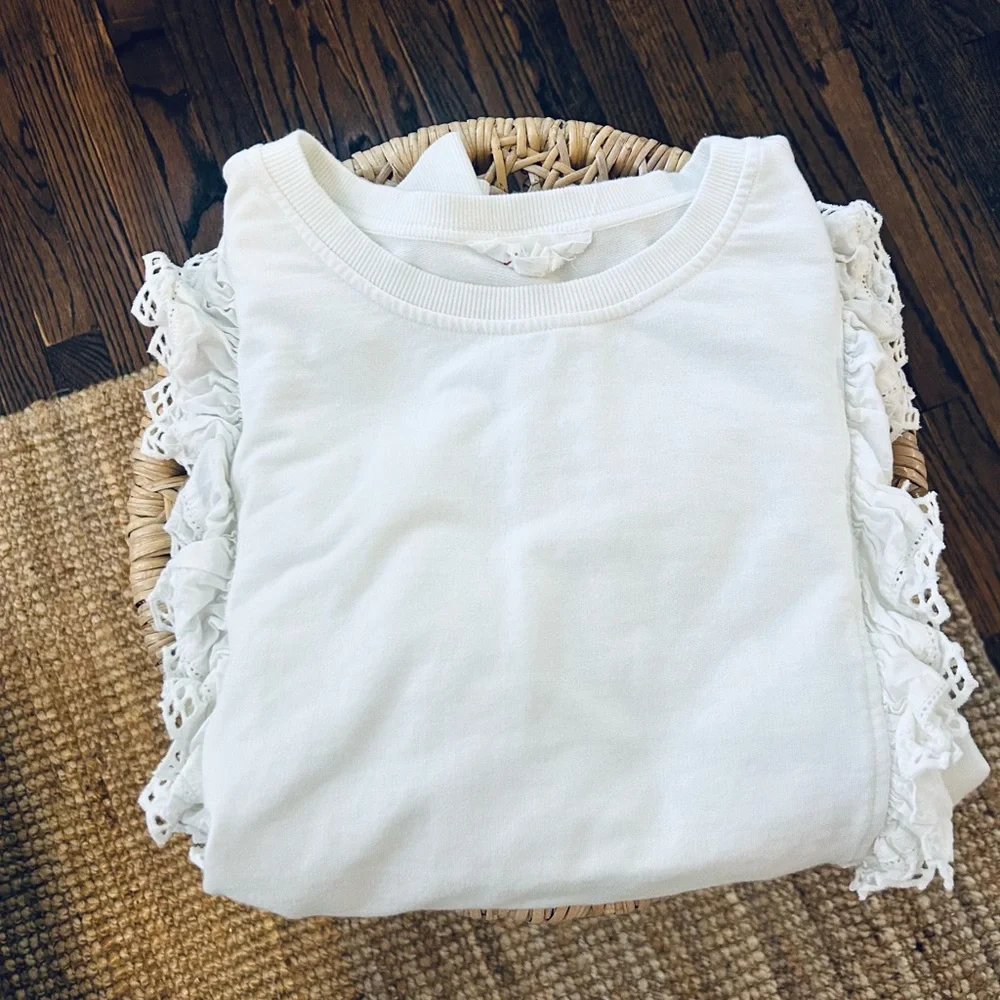 Anthropologie White Long Sleeve Lace-Trim Ruffle Top Medium